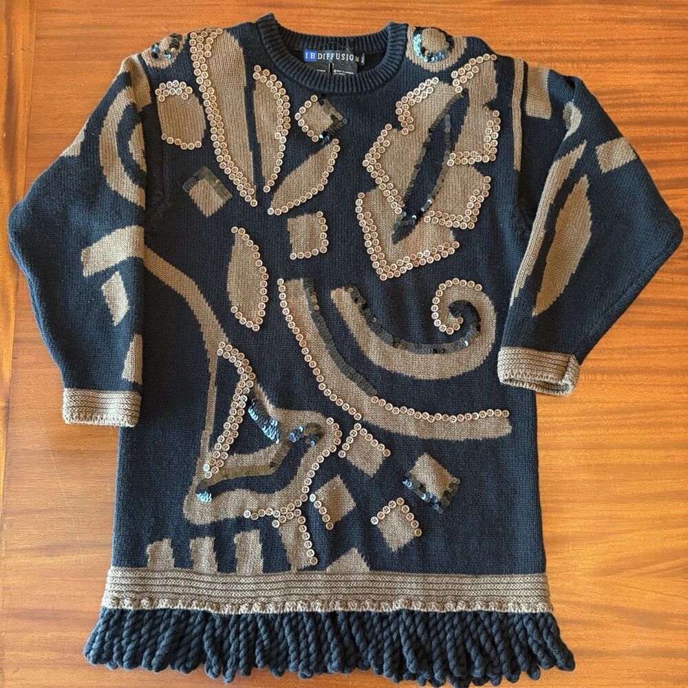 I.B. Diffusion Cardigan Small 1993 Geometric Navy Brown‎ Fringe
